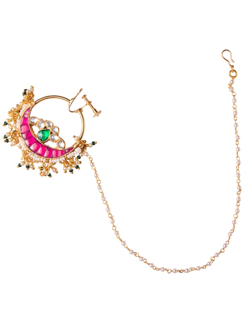 

MORKANTH JEWELLERY 24 K Gold-Plated Pink & White Kundan-Studded Chained Nose Ring