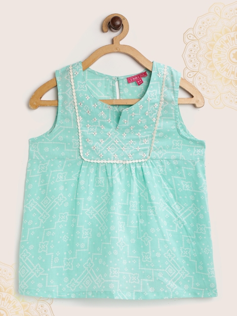 

Biba Girls Sea Green & White Bandhani Print Handcrafted Pure Cotton Top