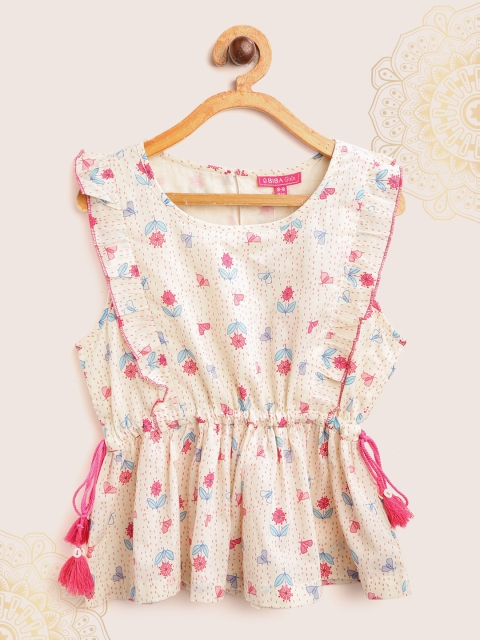 

Biba Girls Cream-Coloured & Pink Floral Print Flutter Sleeves Cotton Cinched Waist Top