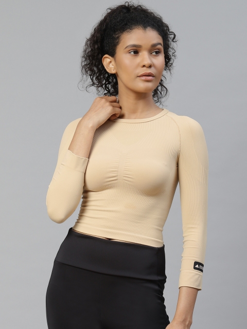 

ADIDAS Women Beige Formotion Self-Striped Knitted Crop Fitted Training Top