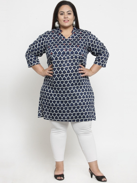 

plusS Women Navy Blue & White Printed Straight Kurta