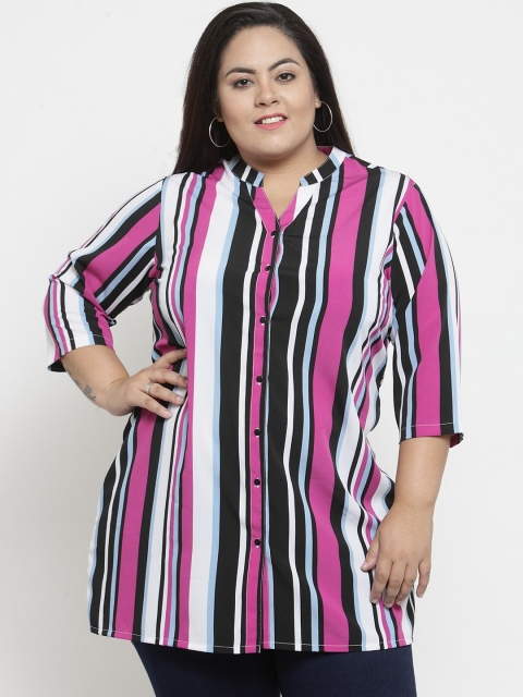 

plusS Women Purple & White Regular Fit Striped Longline Casual Shirt