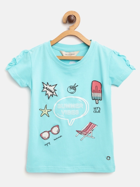

Gini and Jony Girls Blue & Pink Conversational Print T-shirt with Applique Detail