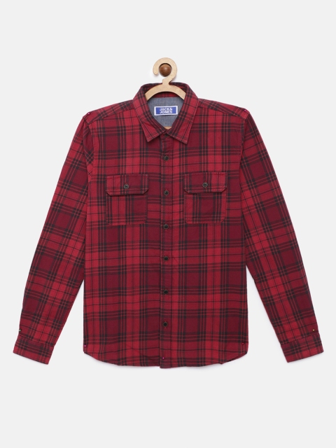 

Jack & Jones Boys Red & Black Slim Fit Checked Pure Cotton Casual Shirt