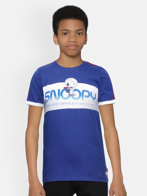 

Jack & Jones Boys Blue Snoopy Printed Pure Cotton Slim Fit Round Neck T-shirt