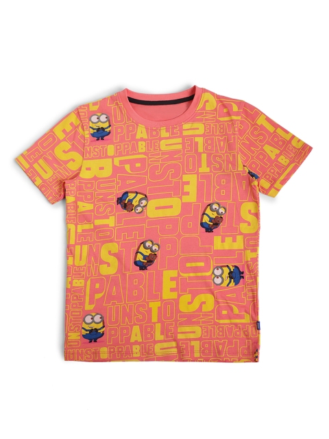 

Jack Jones Boys Pink Yellow Minions Print Slim Fit Pure Cotton T-shirt