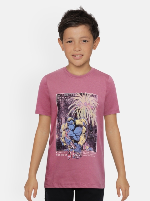 

Jack & Jones Boys Pink Printed Round Neck JJJR JUNGLE SS Cotton T-shirt