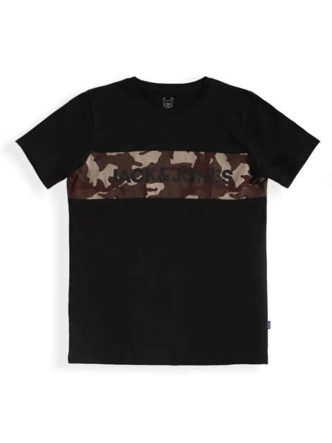 

Jack Jones Boys Black Camouflage Printed Slim Fit Cotton Pure Cotton T-shirt