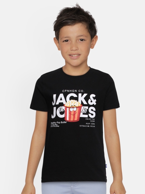 

Jack Jones Boys Black Printed JJJR BROCK SS Round Neck Pure Cotton T-shirt