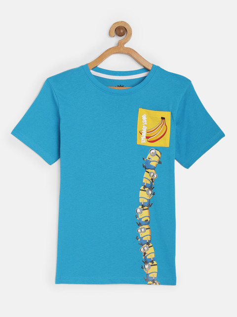 

Jack & Jones Boys Turquoise Blue Minions Printed Slim Fit Pure Cotton T-shirt