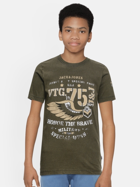

Jack Jones Boys Olive Green Printed Round Neck Pure Cotton T-shirt