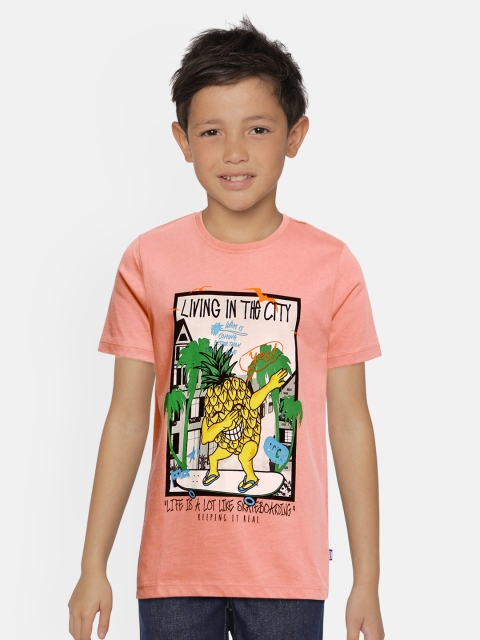

Jack & Jones Boys Pink Printed Pure Cotton Round Neck T-shirt