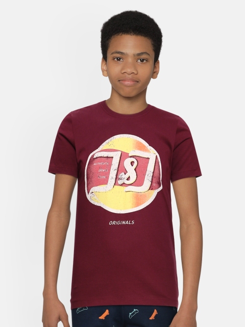 

Jack & Jones Boys Maroon Printed Pure Cotton Round Neck T-shirt