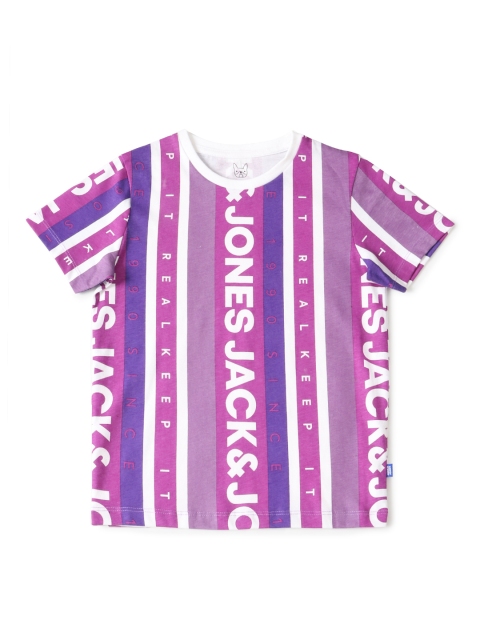 

Jack & Jones Boys Purple & Off White Striped Slim Fit Cotton T-shirt