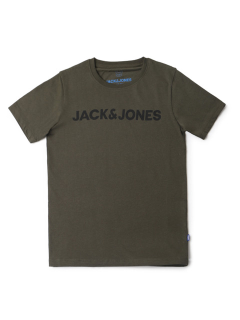 

Jack & Jones Boys Olive Green Brand Logo Printed Slim Fit Cotton T-shirt