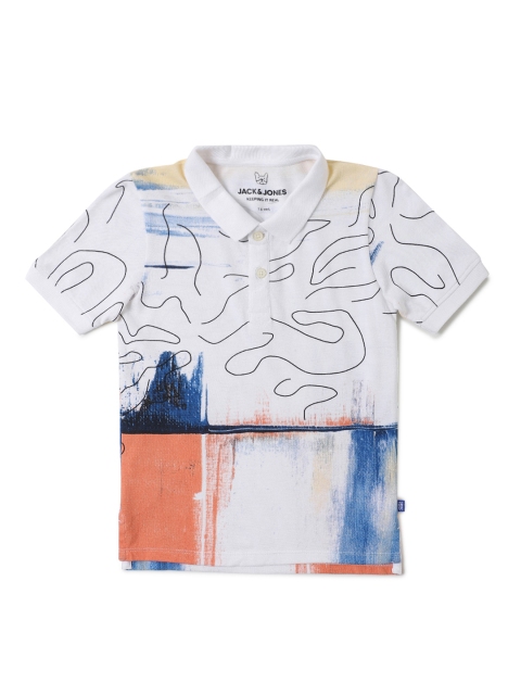 

Jack & Jones Boys White Printed Polo Collar JJP ART AOP SS Slim Fit Cotton T-shirt