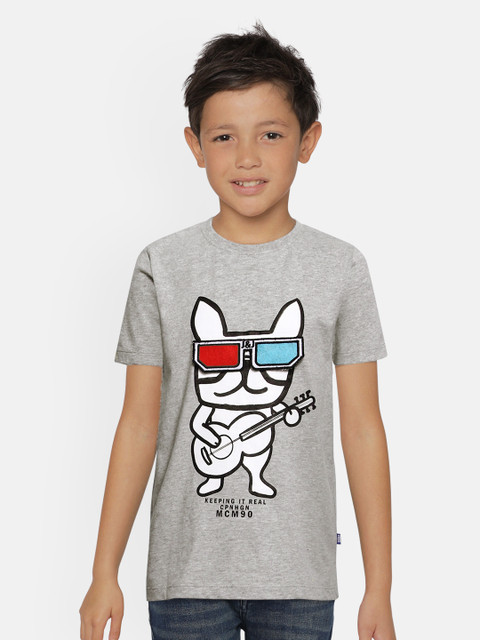 

Jack & Jones Boys Grey Printed Round Neck JJJR VELCRO Cotton T-shirt