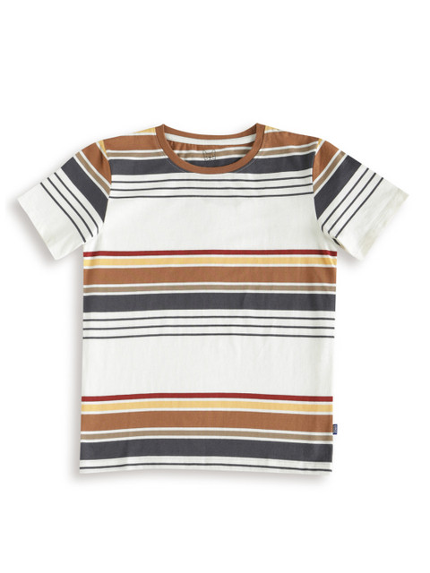 

Jack & Jones Boys White & Brown Striped JVC GAGE TEE CREW Slim Fit Cotton T-shirt