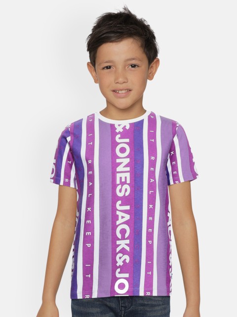 

Jack & Jones Boys Purple & White Striped JJJR RERO SS STRIP Slim Fit Cotton T-shirt