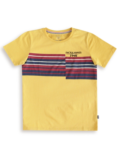 

Jack Jones Boys Mustard Yellow Maroon Pure Cotton Striped Round Neck Pure Cotton T-shirt