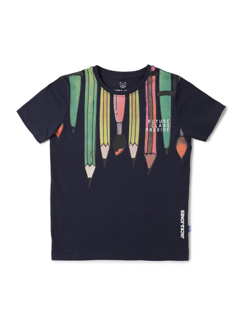 

Jack & Jones Boys Navy Blue & Green Printed Slim Fit Cotton T-shirt