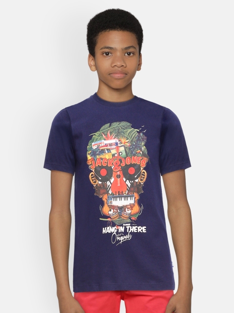 

Jack Jones Boys Navy Blue Printed Round Neck Pure Cotton T-shirt