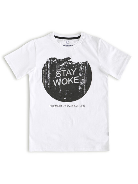 

Jack & Jones Boys White & Black Typography Printed Slim Fit Cotton T-shirt