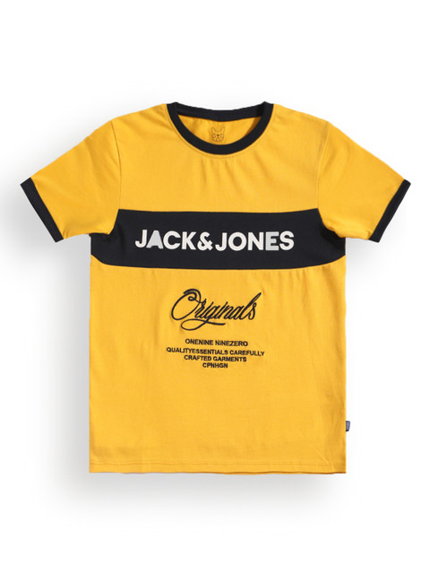 

Jack Jones Boys Yellow Black Typography Printed Slim Fit Cotton Pure Cotton T-shirt