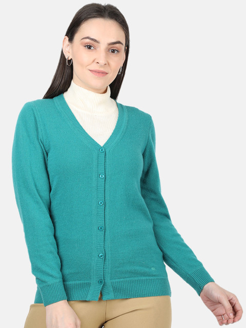 

Monte Carlo Women Turquoise Blue Solid Woolen V-Neck Cardigan