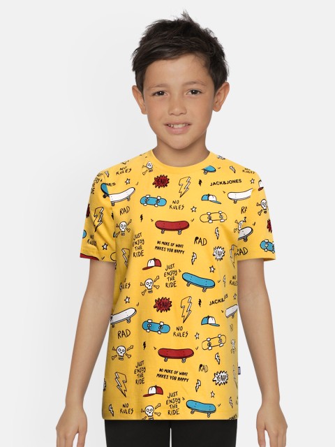 

Jack & Jones Boys Yellow Printed JJJR SKATE AOP SS Round Neck Cotton T-shirt