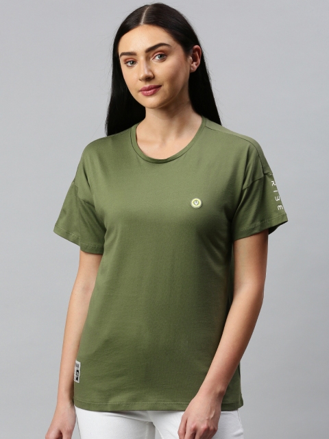 

Allen Solly Tribe Women Olive Green Solid Round Neck Pure Cotton T-shirt