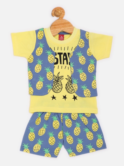 

Jaybee Boys Yellow & Blue Printed Cotton T-shirt with Waistcoat & Shorts