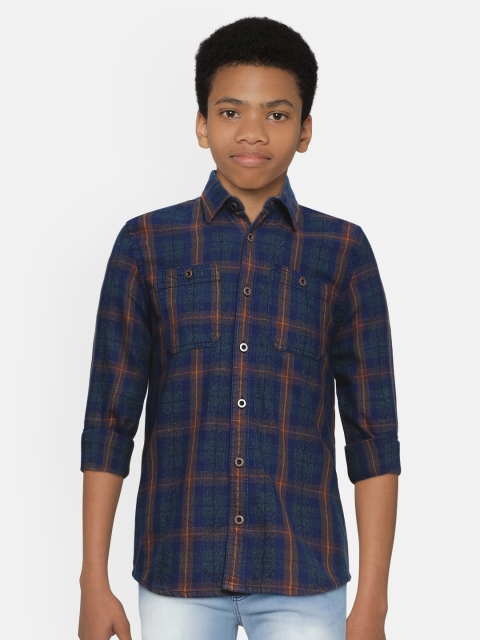 

Jack & Jones Boys Navy Blue & Brown Slim Fit Checked Pure Cotton Casual Shirt