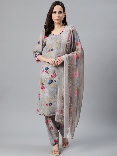 

Chhabra 555 Women Grey & Blue Printed Made to Measure Kurta with Salwar & Dupatta