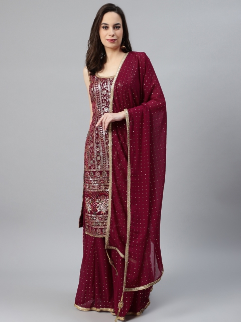 

Chhabra 555 Burgundy & Golden Embroidered Made to Measure Kurta with Sharara & Dupatta