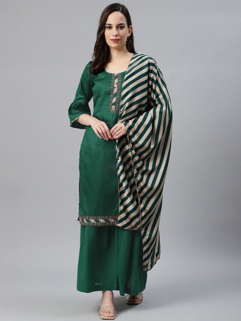 

Chhabra 555 Women Green & Grey Yoke Design Made to Measure Kurta with Sharara & Dupatta