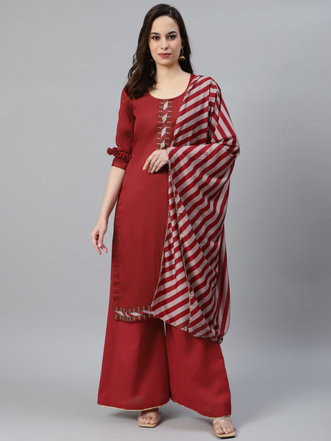 

Chhabra 555 Women Red & Beige Yoke Design Made to Measure Kurta with Palazzos & Dupatta