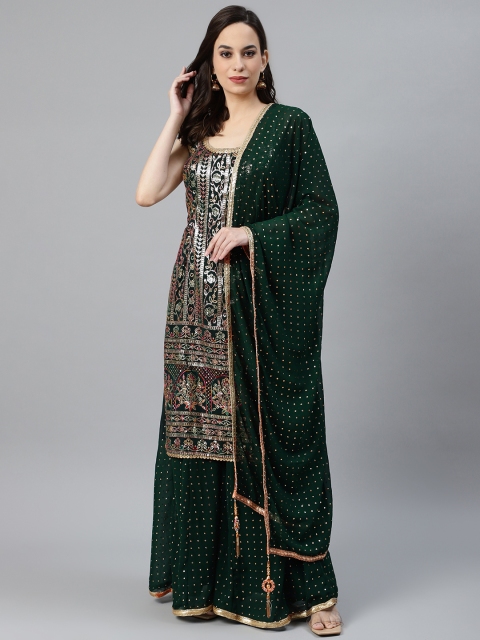 

Chhabra 555 Women Green & Golden Embroidered Made to Measure Kurta with Sharara & Dupatta