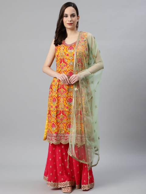 

Chhabra 555 Women Yellow & Pink Embroidered Made to Measure Kurta with Sharara & Dupatta