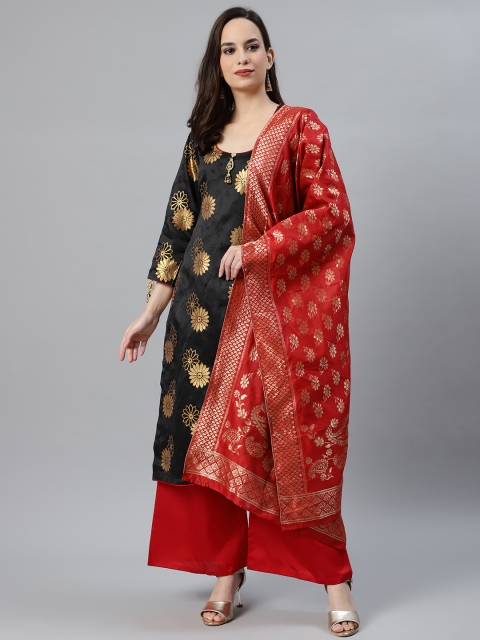 

Chhabra 555 Women Black & Golden Woven Design Made to Measure Kurta with Palazzo & Dupatta