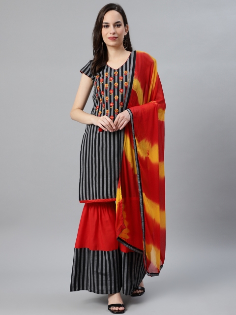 

Chhabra 555 Women Black & Grey Striped Made to Measure Kurta with Sharara & Dupatta