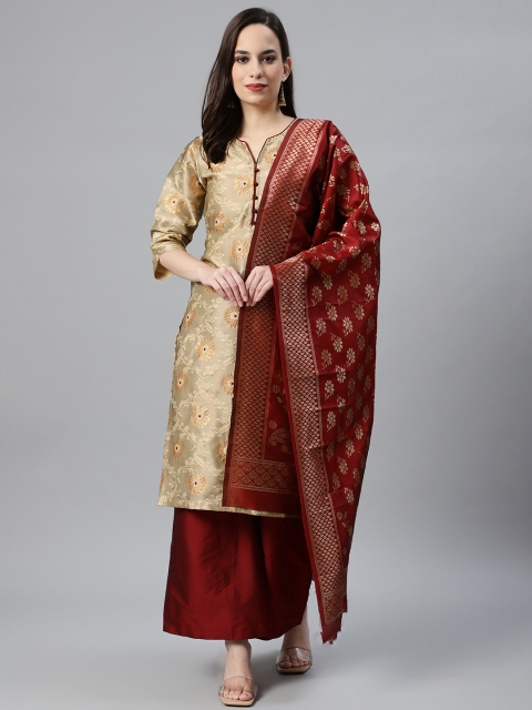 

Chhabra 555 Women Beige & Golden Woven Design Made to Measure Kurta with Palazzo & Dupatta