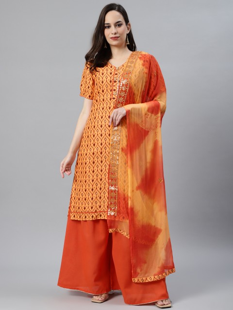 

Chhabra 555 Women Orange Ikkat Woven Design Made to Measure Kurta with Sharara & Dupatta