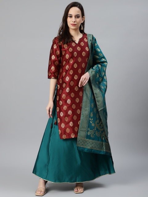 

Chhabra 555 Women Maroon Woven Design Made to Measure Kurta & Skirt with Dupatta