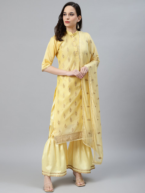 

Chhabra 555 Women Yellow Embroidered Made to Measure Kurta & Sharara with Dupatta