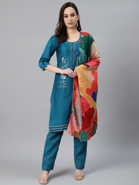 

Chhabra 555 Women Blue Sequinned Made to Measure Kurta & Trousers with Dupatta