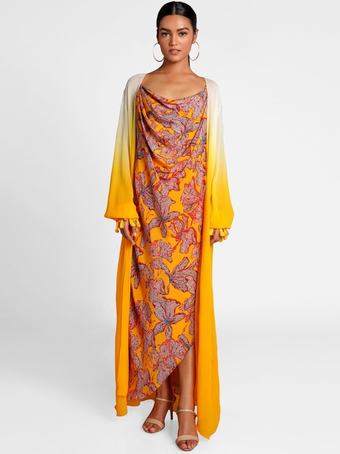 

Masaba Women Yellow & White Floral Printed Dress with Longline Shrug