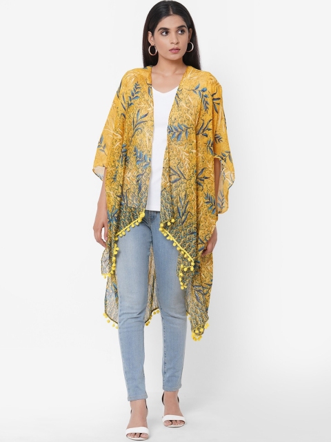 

Get Wrapped Women Yellow Printed Open Front Kimono Shrug with Pom Pom