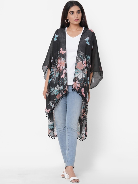 

Get Wrapped Women Black Printed Kimono with Pom Pom