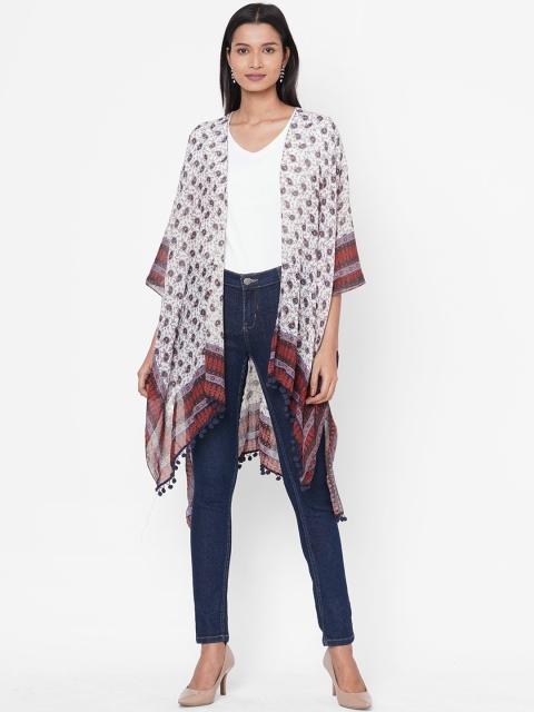 

Get Wrapped Women White Printed Kimono Shrug Women with Pom Pom